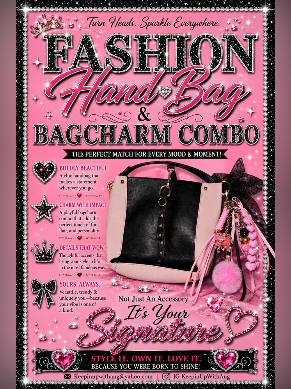 Hand Bag & Bag Charm Combo - Pink/Black